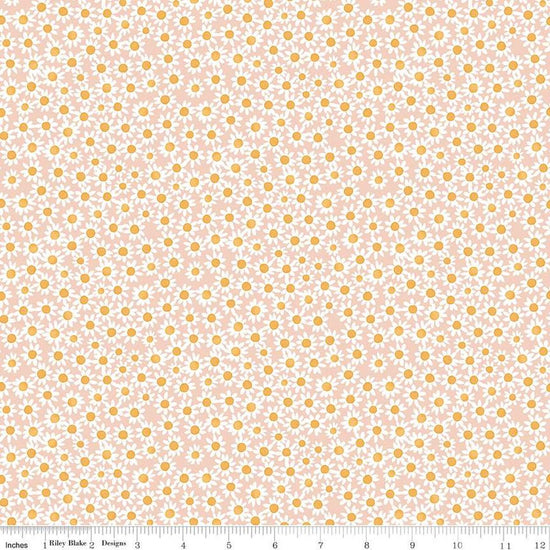 Image of the Floral Charms Daisies Blush quilting cotton fabric by Kelsey Carlson for Riley Blake Designs. Features flowers on a cream background. Cute Little Fabric Shop