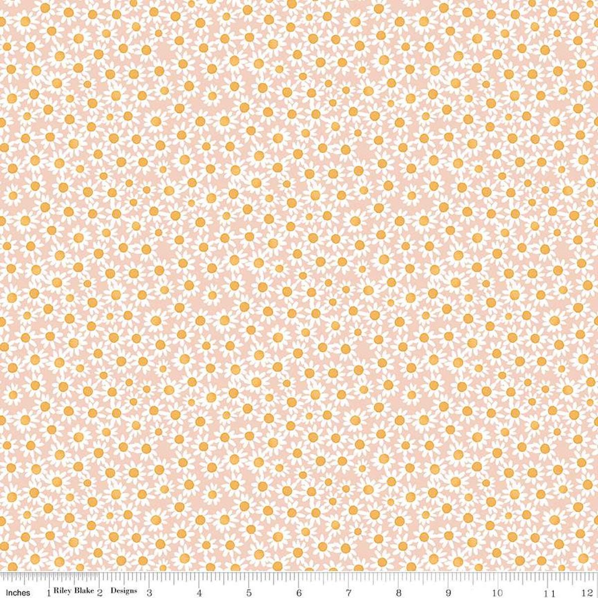 Image of the Floral Charms Daisies Blush quilting cotton fabric by Kelsey Carlson for Riley Blake Designs. Features flowers on a cream background. Cute Little Fabric Shop