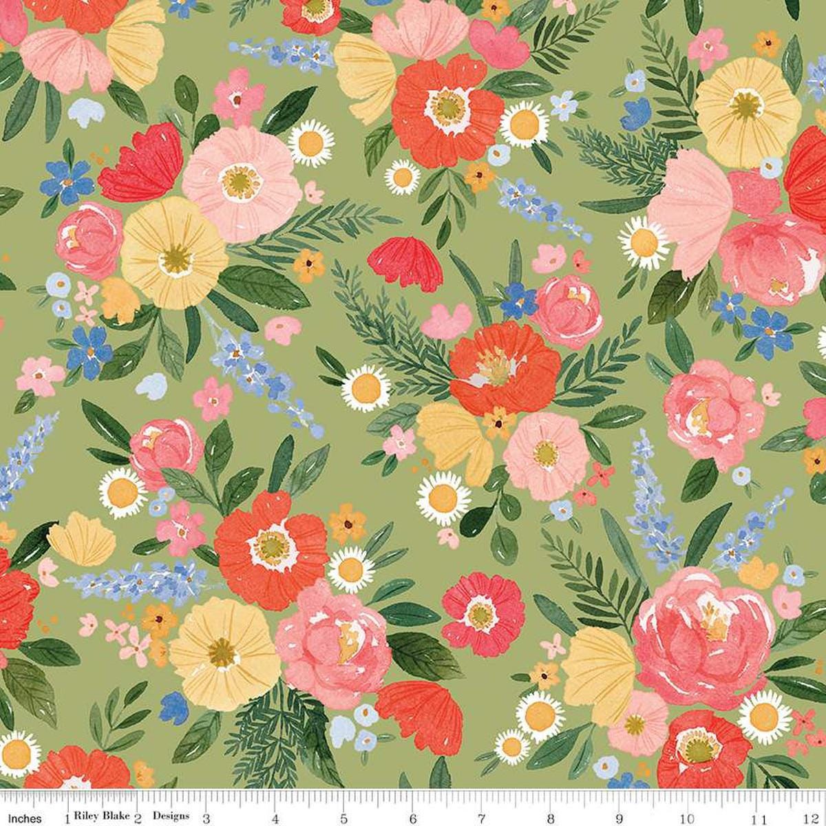Image of the Floral Charms Main Green quilting cotton fabric by Kelsey Carlson for Riley Blake Designs. Features flowers on a green background. Cute Little Fabric Shop
