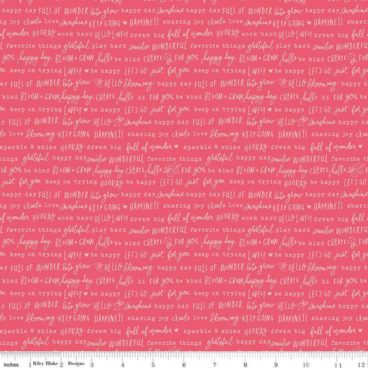 Image of the Floral Charms Pretty Words Raspberry quilting cotton fabric by Kelsey Carlson for Riley Blake Designs. Features text on a pink background. Cute Little Fabric Shop