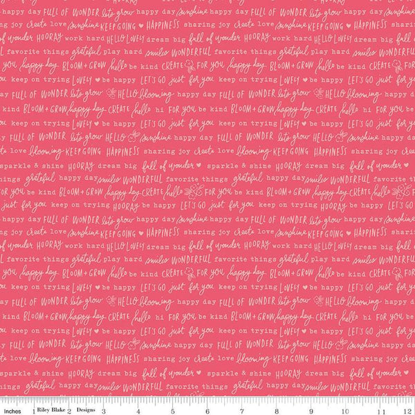 Image of the Floral Charms Pretty Words Raspberry quilting cotton fabric by Kelsey Carlson for Riley Blake Designs. Features text on a pink background. Cute Little Fabric Shop