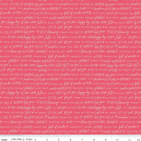 Image of the Floral Charms Pretty Words Raspberry quilting cotton fabric by Kelsey Carlson for Riley Blake Designs. Features text on a pink background. Cute Little Fabric Shop