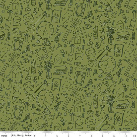 Image of the Floral Charms Collection of Things Olive quilting cotton fabric by Kelsey Carlson for Riley Blake Designs. Features craft items on a green background. Cute Little Fabric Shop
