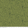 Image of the Floral Charms Collection of Things Olive quilting cotton fabric by Kelsey Carlson for Riley Blake Designs. Features craft items on a green background. Cute Little Fabric Shop