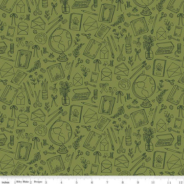 Image of the Floral Charms Collection of Things Olive quilting cotton fabric by Kelsey Carlson for Riley Blake Designs. Features craft items on a green background. Cute Little Fabric Shop