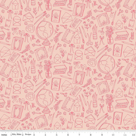 Image of the Floral Charms Collection of Things Blush quilting cotton fabric by Kelsey Carlson for Riley Blake Designs. Features craft items on a pink background. Cute Little Fabric Shop