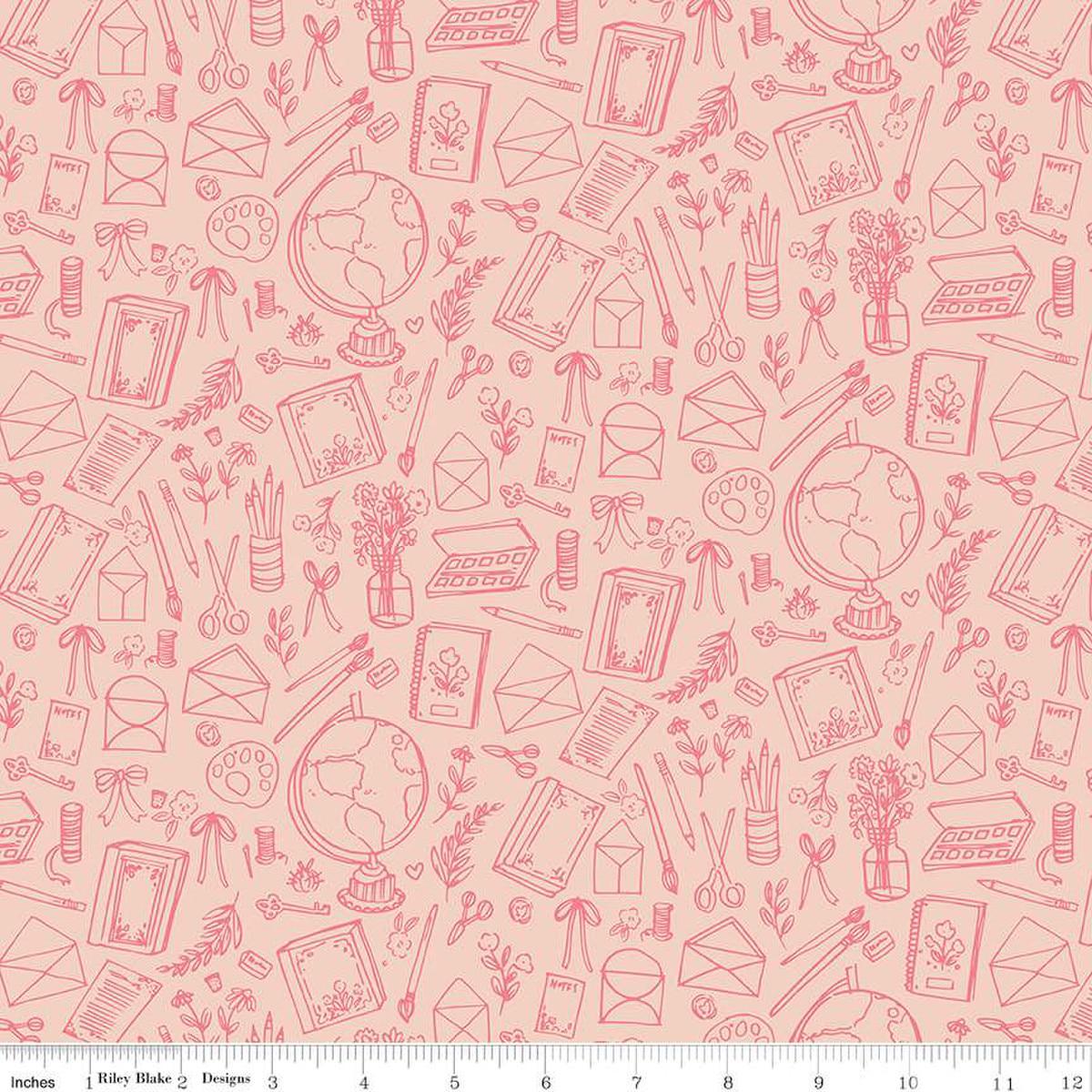 Image of the Floral Charms Collection of Things Blush quilting cotton fabric by Kelsey Carlson for Riley Blake Designs. Features craft items on a pink background. Cute Little Fabric Shop