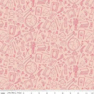 Image of the Floral Charms Collection of Things Blush quilting cotton fabric by Kelsey Carlson for Riley Blake Designs. Features craft items on a pink background. Cute Little Fabric Shop