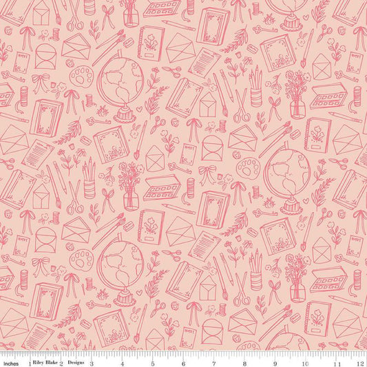 Image of the Floral Charms Collection of Things Blush quilting cotton fabric by Kelsey Carlson for Riley Blake Designs. Features craft items on a pink background. Cute Little Fabric Shop