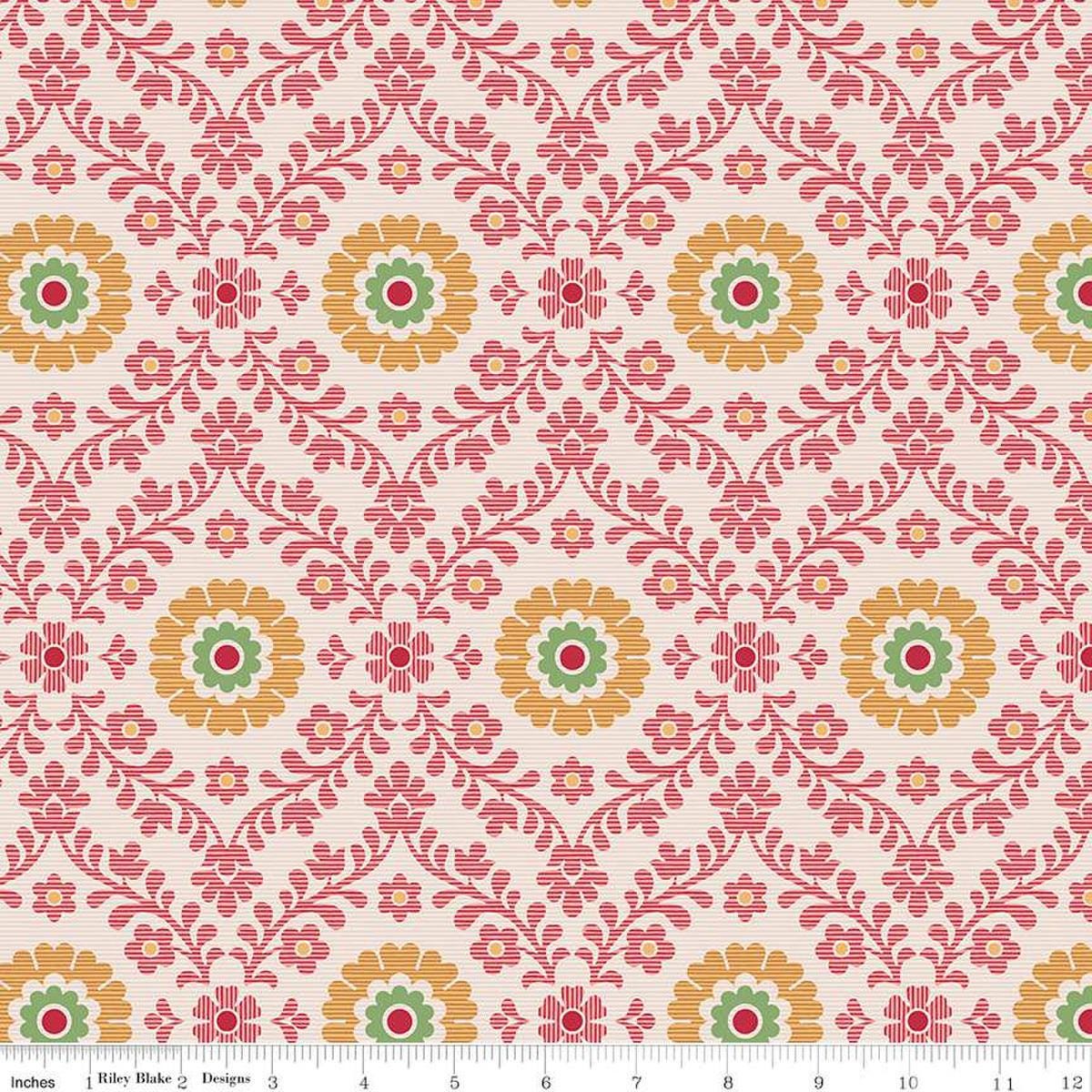 Image of the Piece & Plenty Wallpaper Marigold wide back quilting cotton fabric by Lori Holt for Riley Blake Designs. Features floral fabrics on a pink background. 
Cute Little Fabric Shop
