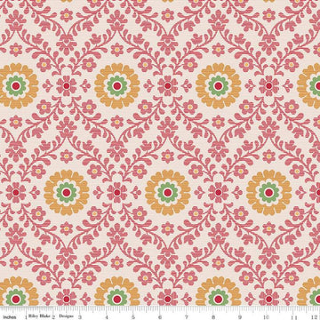 Image of the Piece & Plenty Wallpaper Marigold wide back quilting cotton fabric by Lori Holt for Riley Blake Designs. Features floral fabrics on a pink background. 
Cute Little Fabric Shop