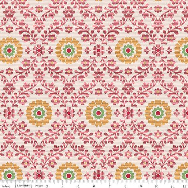 Image of the Piece & Plenty Wallpaper Marigold wide back quilting cotton fabric by Lori Holt for Riley Blake Designs. Features floral fabrics on a pink background. 
Cute Little Fabric Shop
