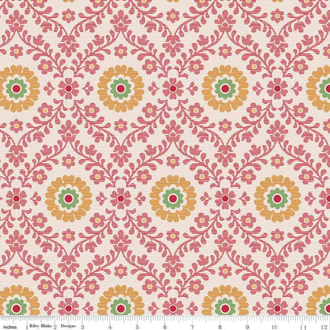Image of the Piece & Plenty Wallpaper Marigold wide back quilting cotton fabric by Lori Holt for Riley Blake Designs. Features floral fabrics on a pink background. 
Cute Little Fabric Shop