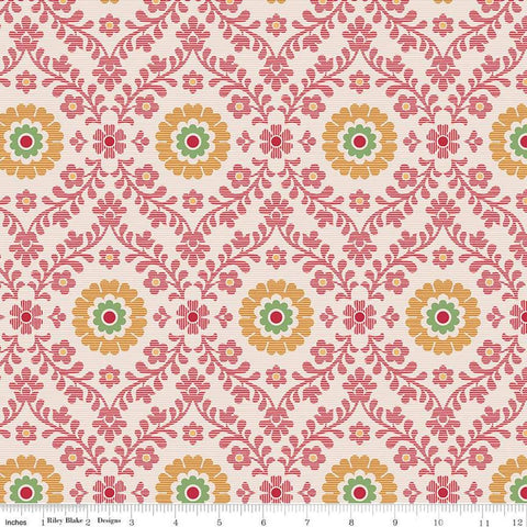 Image of the Piece & Plenty Wallpaper Marigold wide back quilting cotton fabric by Lori Holt for Riley Blake Designs. Features floral fabrics on a pink background. 
Cute Little Fabric Shop