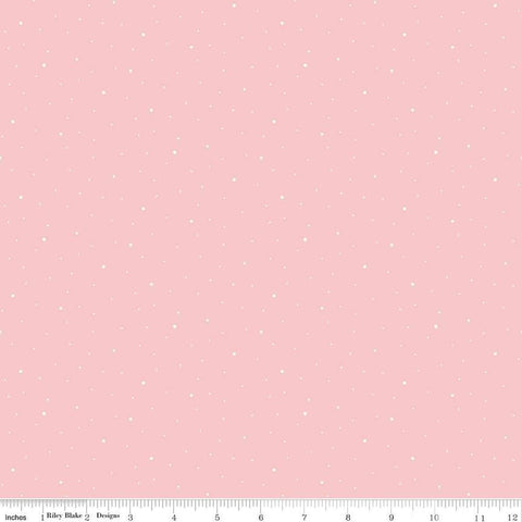 Image of the Wide Back Dapple Dot Frosting quilting cotton fabric by Riley Blake Designs.Features white dots on a pink background. 
Cute Little Fabric Shop