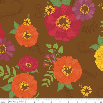 Image of the Wide Back Autumn Afternoon Brown quilting cotton fabric by Heather Peterson for Riley Blake Designs. Features flowers on a brown background. 
Cute Little Fabric Shop