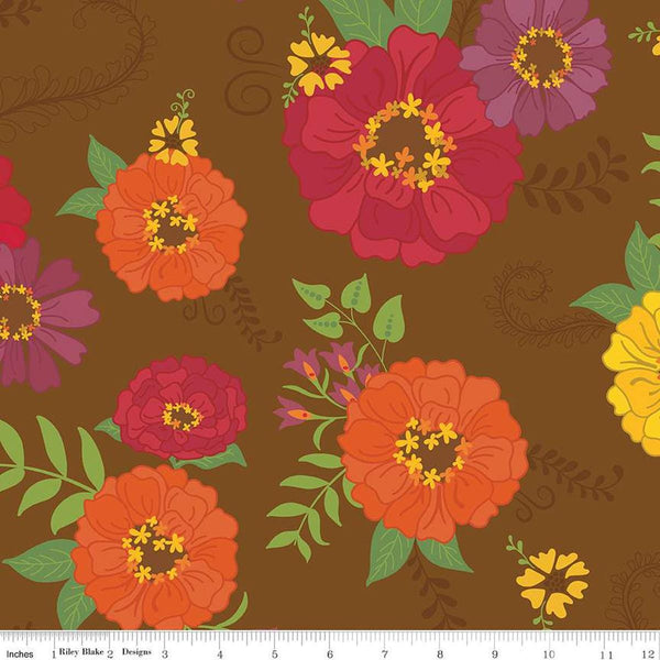 Image of the Wide Back Autumn Afternoon Brown quilting cotton fabric by Heather Peterson for Riley Blake Designs. Features flowers on a brown background. 
Cute Little Fabric Shop