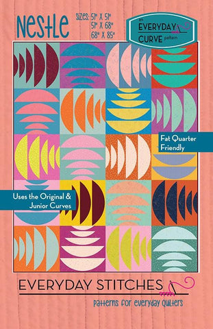Image of the Nestle quilt pattern by Everyday Stitches for Moda Fabrics. Features swirls and curves on a quilt. 
Cute Little Fabric Shop