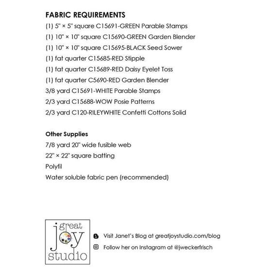 Image of the Poppy Pillow Pattern by J. Wecker Frisch for Riley Blake Designs. Features the fabric requirements. 
Cute Little Fabric Shop