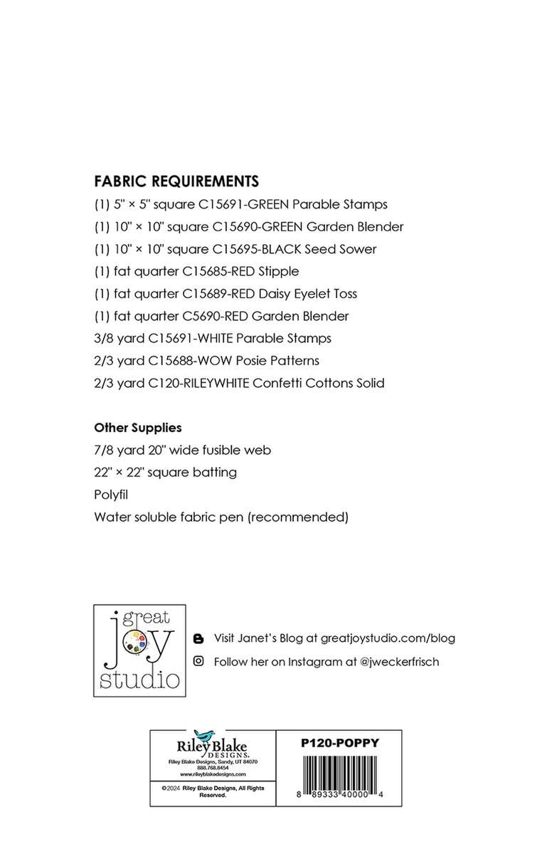 Image of the Poppy Pillow Pattern by J. Wecker Frisch for Riley Blake Designs. Features the fabric requirements. 
Cute Little Fabric Shop