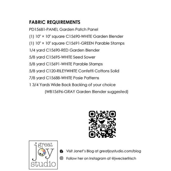 Image of the Seed Patch Quilt Pattern by J. Wecker Frisch for Riley Blake Designs. Features the fabric requirements for the quilt. 
Cute Little Fabric Shop