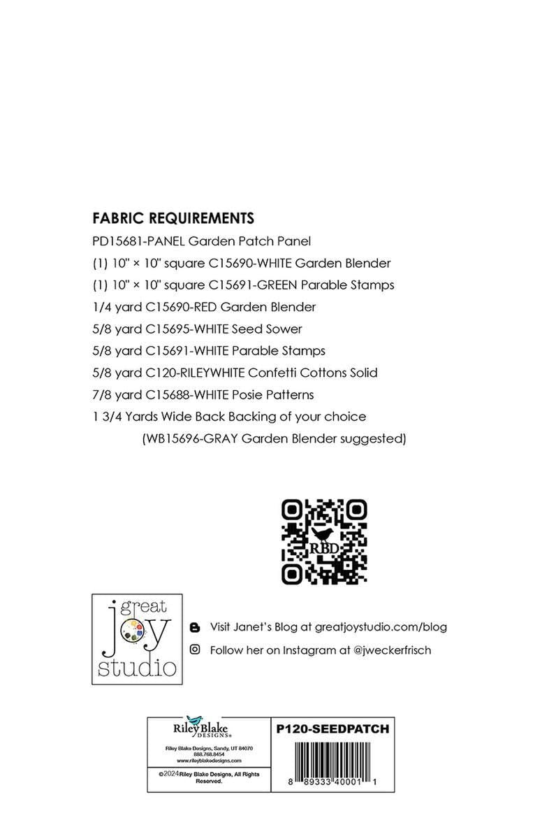 Image of the Seed Patch Quilt Pattern by J. Wecker Frisch for Riley Blake Designs. Features the fabric requirements for the quilt. 
Cute Little Fabric Shop