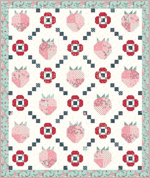 Image of the Berry Market quilt pattern by Beverly McCullough for Riley Blake Designs. Features strawberries on a quilt. 
Cute Little Fabric Shop