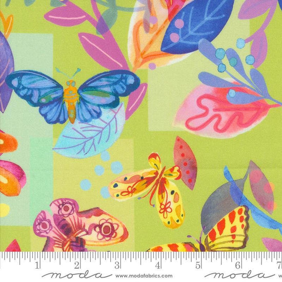 Image of the Flower Patches Butterfly Limeade quilting cotton fabric by Amarilys Henderson for Moda Fabrics. Features butterflies on a green background. Cute Little Fabric Shop