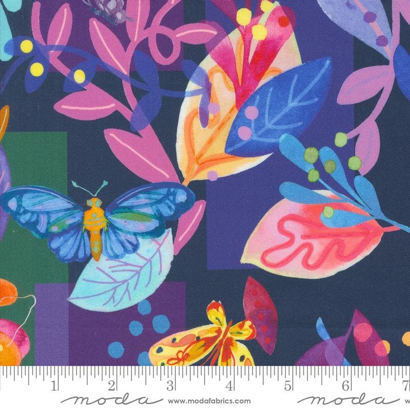 Image of the Flower Patches Butterfly Midnight quilting cotton fabric by Amarilys Henderson for Moda Fabrics. Features butterflies on a blue background. Cute Little Fabric Shop