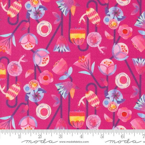 Image of the Flower Patches Flowers Raspberry quilting cotton fabric by Amarilys Henderson for Moda Fabrics. Features flowers on a pink background. Cute Little Fabric Shop