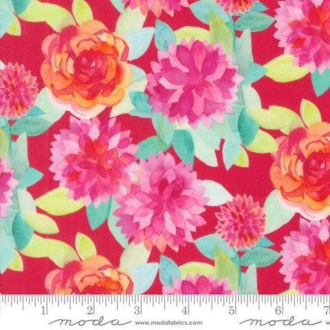Image of the Flower Patches Watercolor Ruby quilting cotton fabric by Amarilys Henderson for Moda Fabrics. Features flowers on a green background. Cute Little Fabric Shop