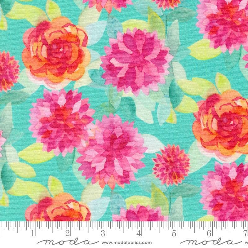 Image of the Flower Patches Watercolor Robins Egg quilting cotton fabric by Amarilys Henderson for Moda Fabrics. Features flowers on a green background. Cute Little Fabric Shop