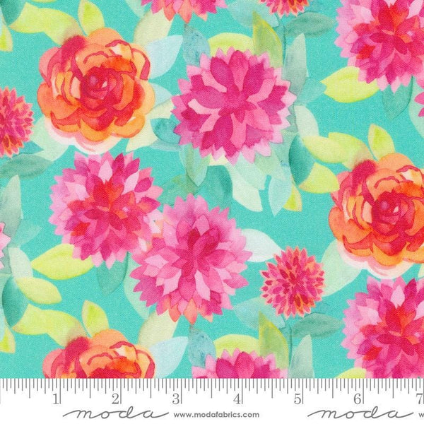 Image of the Flower Patches Watercolor Robins Egg quilting cotton fabric by Amarilys Henderson for Moda Fabrics. Features flowers on a green background. Cute Little Fabric Shop
