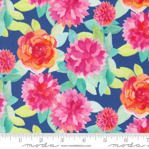 Image of the Flower Patches Watercolor Sapphire quilting cotton fabric by Amarilys Henderson for Moda Fabrics. Features flowers on a blue background. Cute Little Fabric Shop