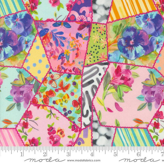 Image of the Flower Patches Patchwork Rainbow quilting cotton fabric by Amarilys Henderson for Moda Fabrics. Features flowers on a rainbow background. Cute Little Fabric Shop