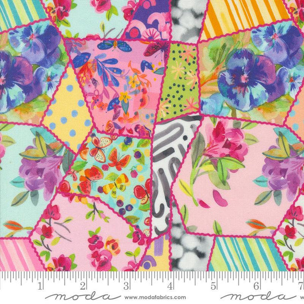 Image of the Flower Patches Patchwork Rainbow quilting cotton fabric by Amarilys Henderson for Moda Fabrics. Features flowers on a rainbow background. Cute Little Fabric Shop