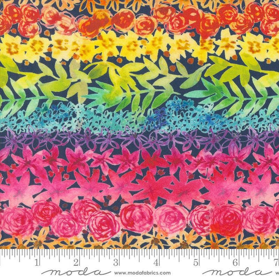 Image of the Flower Patches Rainbow Midnight Rainbow quilting cotton fabric by Amarilys Henderson for Moda Fabrics. Features flowers on a rainbow background. Cute Little Fabric Shop