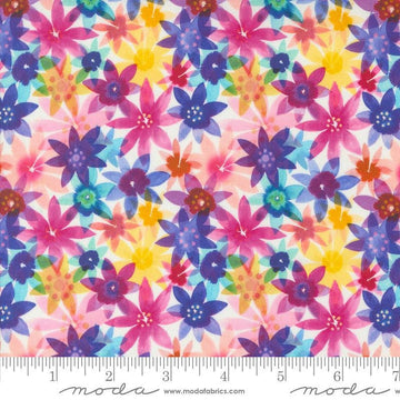 Image of the Flower Patches Garden Rainbow quilting cotton fabric by Amarilys Henderson for Moda Fabrics. Features flowers on a blue background. Cute Little Fabric Shop