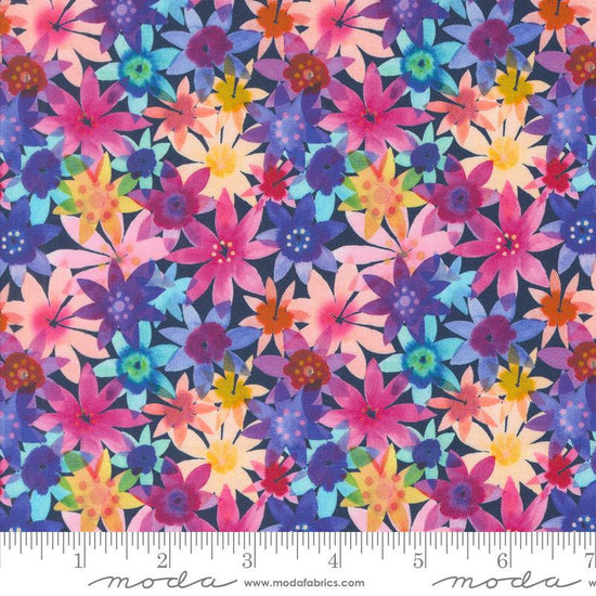 Image of the Flower Patches Garden Midnight quilting cotton fabric by Amarilys Henderson for Moda Fabrics. Features flowers on a blue background. Cute Little Fabric Shop