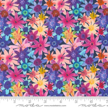 Image of the Flower Patches Garden Midnight quilting cotton fabric by Amarilys Henderson for Moda Fabrics. Features flowers on a blue background. Cute Little Fabric Shop