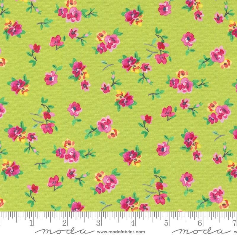 Image of the Flower Patches Vintage Limeade quilting cotton fabric by Amarilys Henderson for Moda Fabrics. Features flowers on a lime background. Cute Little Fabric Shop