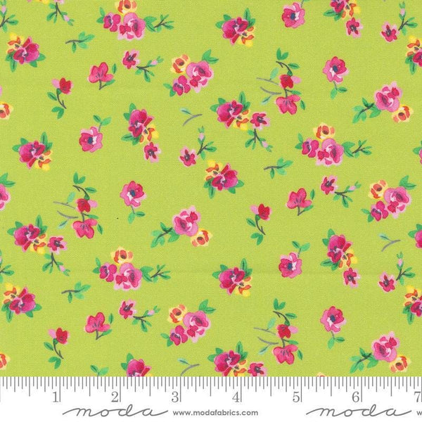 Image of the Flower Patches Vintage Limeade quilting cotton fabric by Amarilys Henderson for Moda Fabrics. Features flowers on a lime background. Cute Little Fabric Shop