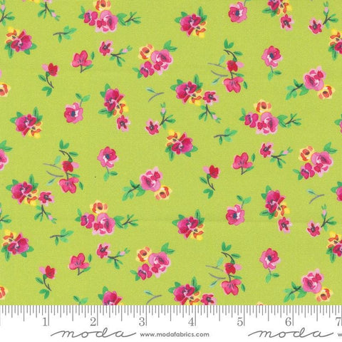 Image of the Flower Patches Vintage Limeade quilting cotton fabric by Amarilys Henderson for Moda Fabrics. Features flowers on a lime background. Cute Little Fabric Shop