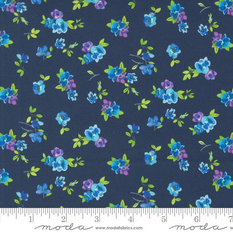 Image of the Flower Patches Vintage Midnight quilting cotton fabric by Amarilys Henderson for Moda Fabrics. Features flowers on a blue background. Cute Little Fabric Shop