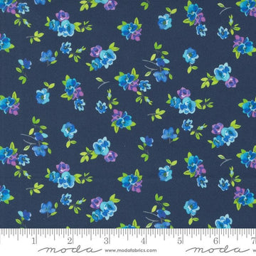 Image of the Flower Patches Vintage Midnight quilting cotton fabric by Amarilys Henderson for Moda Fabrics. Features flowers on a blue background. Cute Little Fabric Shop