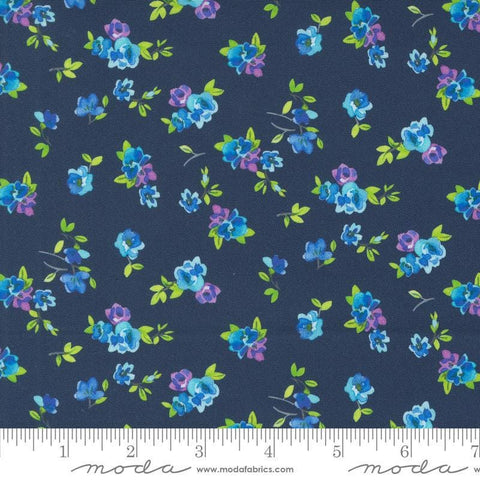 Image of the Flower Patches Vintage Midnight quilting cotton fabric by Amarilys Henderson for Moda Fabrics. Features flowers on a blue background. Cute Little Fabric Shop