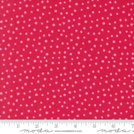 Image of the Flower Patches Dots Ruby quilting cotton fabric by Amarilys Henderson for Moda Fabrics. Features flowers on a red background. Cute Little Fabric Shop
