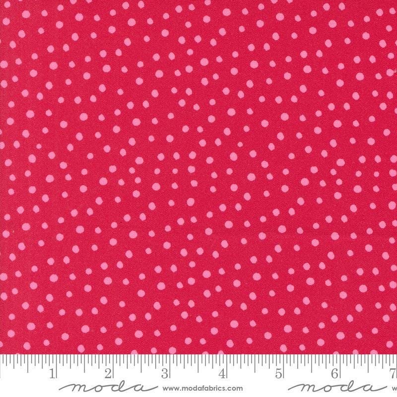 Image of the Flower Patches Dots Ruby quilting cotton fabric by Amarilys Henderson for Moda Fabrics. Features flowers on a red background. Cute Little Fabric Shop