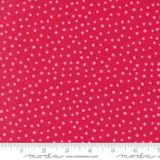 Image of the Flower Patches Dots Ruby quilting cotton fabric by Amarilys Henderson for Moda Fabrics. Features flowers on a red background. Cute Little Fabric Shop