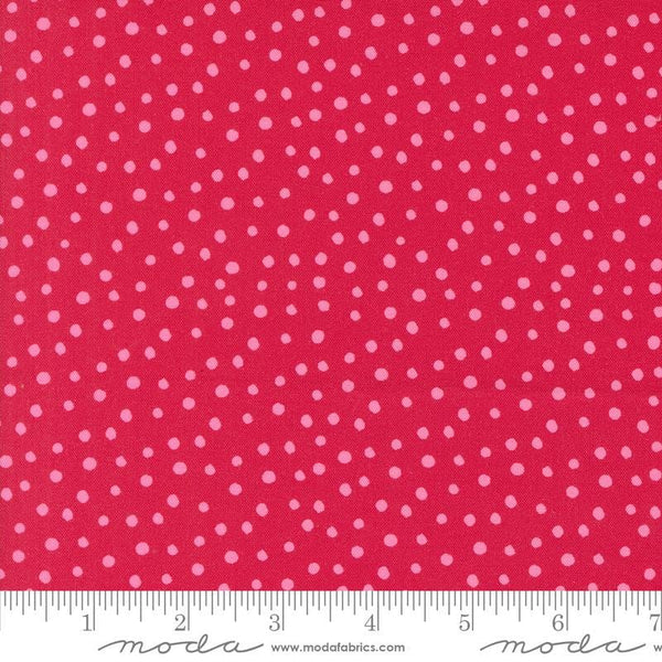 Image of the Flower Patches Dots Ruby quilting cotton fabric by Amarilys Henderson for Moda Fabrics. Features flowers on a red background. Cute Little Fabric Shop